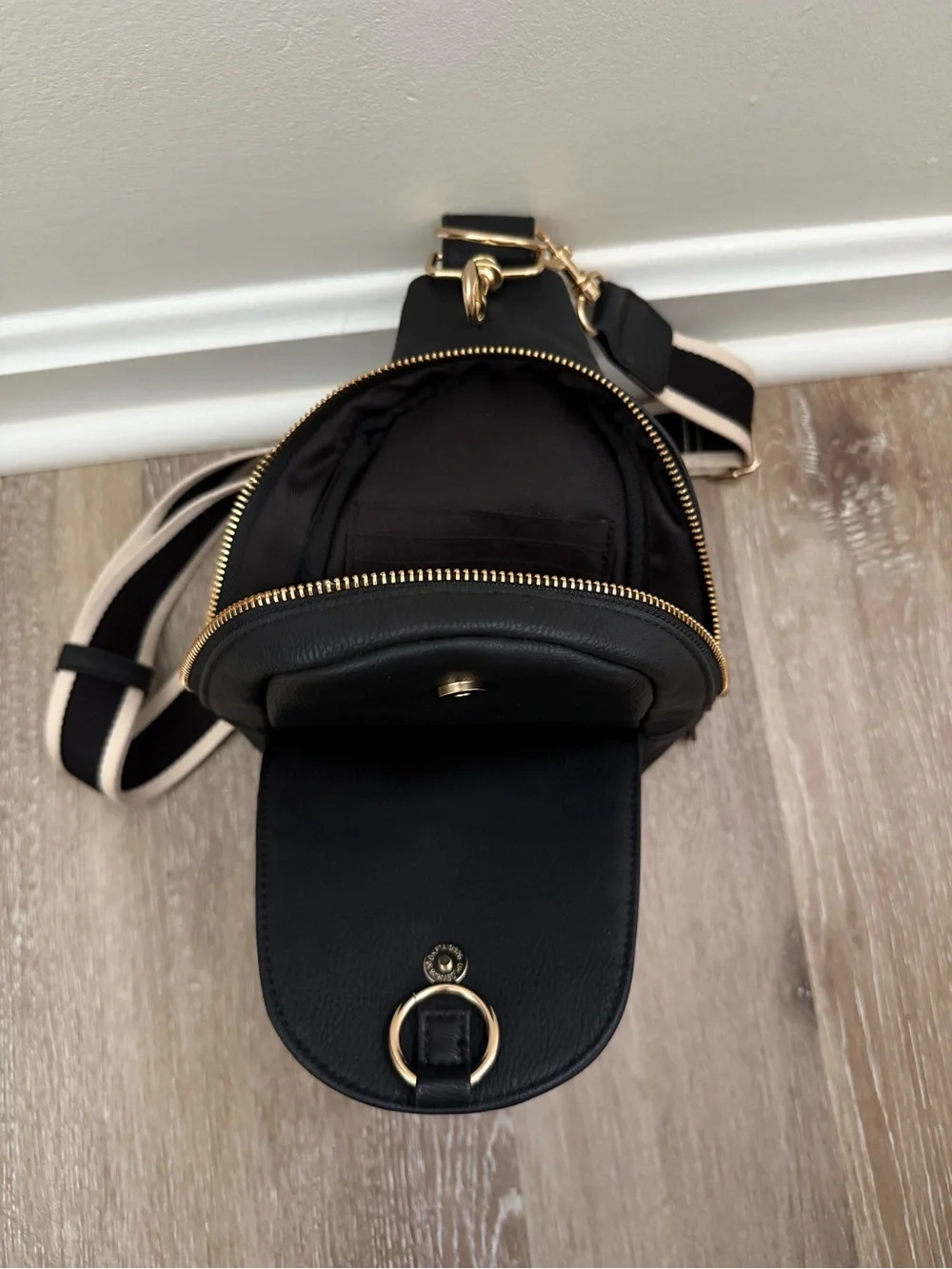Universal Thread Black Cross Body Bag with Gold Hardware and Striped Strap